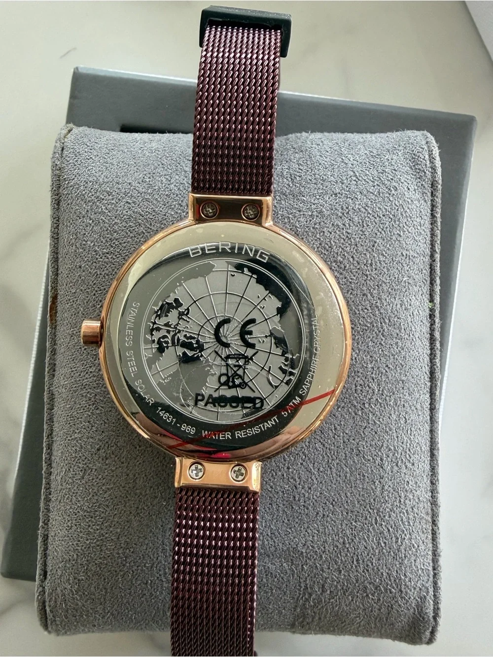 BERING Women's Solar Plum Dial Rose Gold Case Mesh Strap Watch